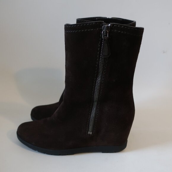 Women Prada Dark Brown 100% Suede Concealed Wedge Booties 35.5 US/5 - 5.5 - Picture 3 of 10